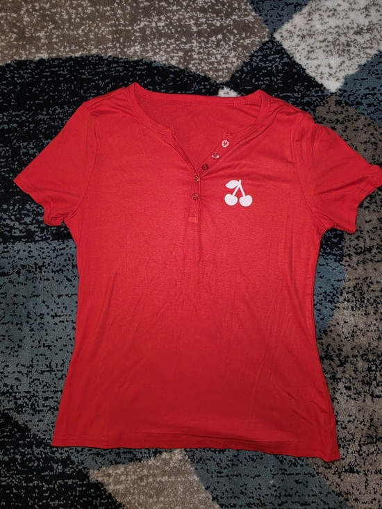 no brand Tops - NEW Red Short Sleeve With White Cherry Graphic Henley Tee Size Medium
